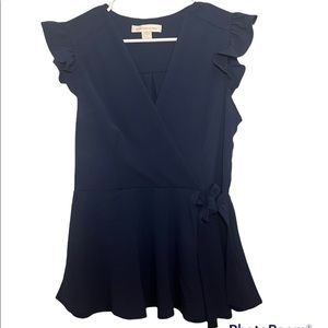 Monteau Los Angeles Navy Blue Wrap Blouse Ruffle Sleeves